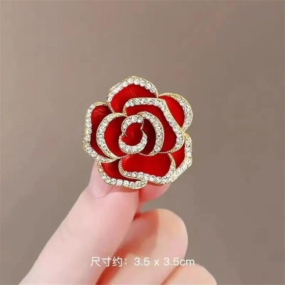 Women's Crystal Rhinestone Red Flower Camellia Pin Brooch Ladies' Fashion Red - Picture 5 of 6